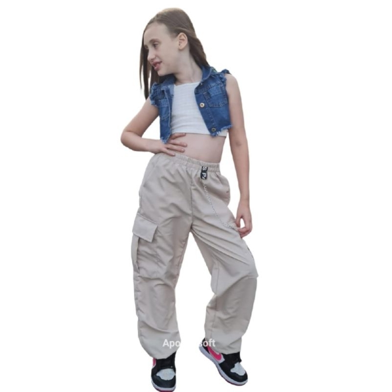 PROMOÇÃO Calça Unissex Cargo Infantil com Bolsos Funcionais e Elástico na Cintura acompanha corrent