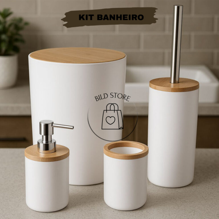 Kit Banheiro 4 Peças Tampa Bambu e Plástico Lixe