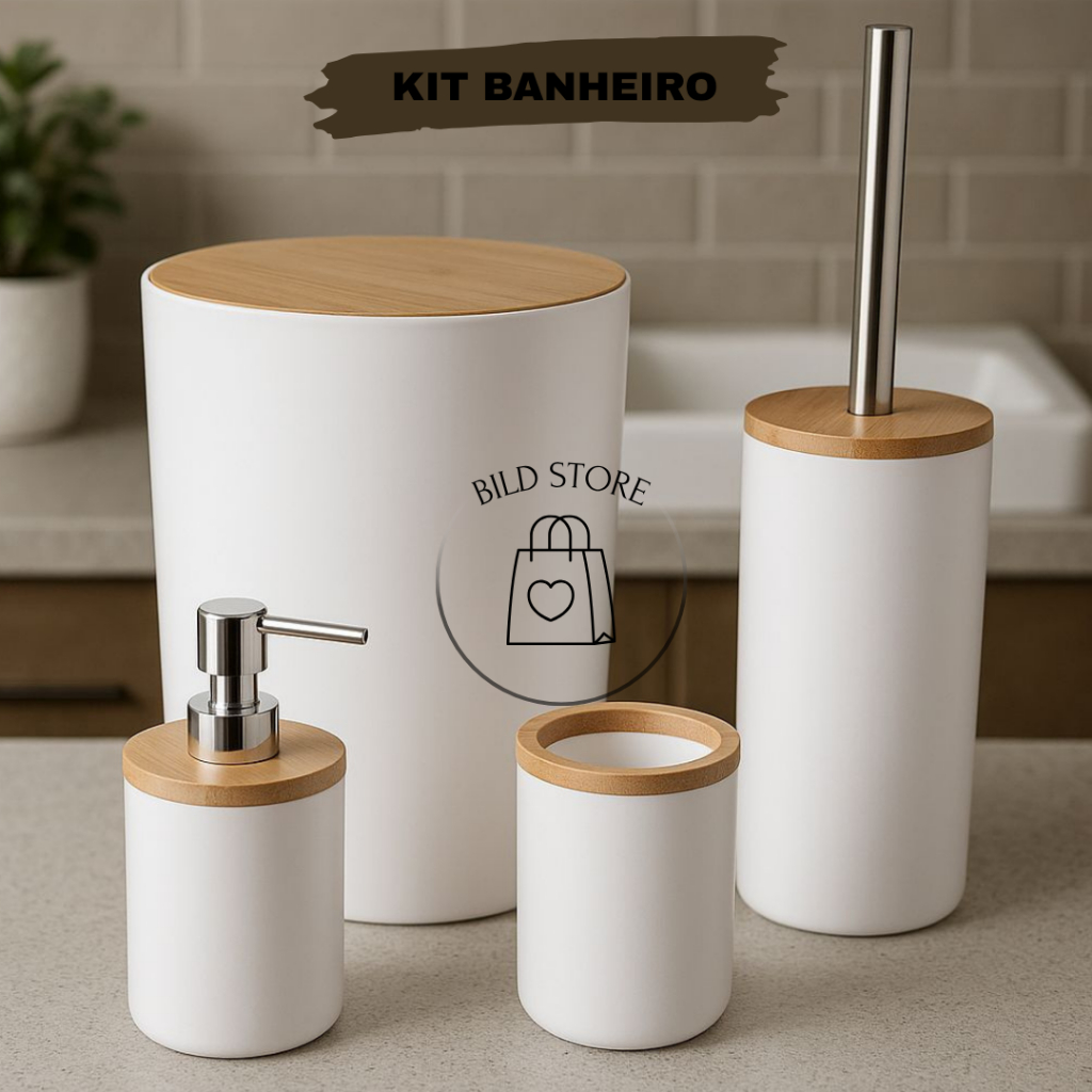 Kit Banheiro 4 Peças Tampa Bambu  Lixeira Escova Sanitária Porta Sabonete kit banheiro Quadrado