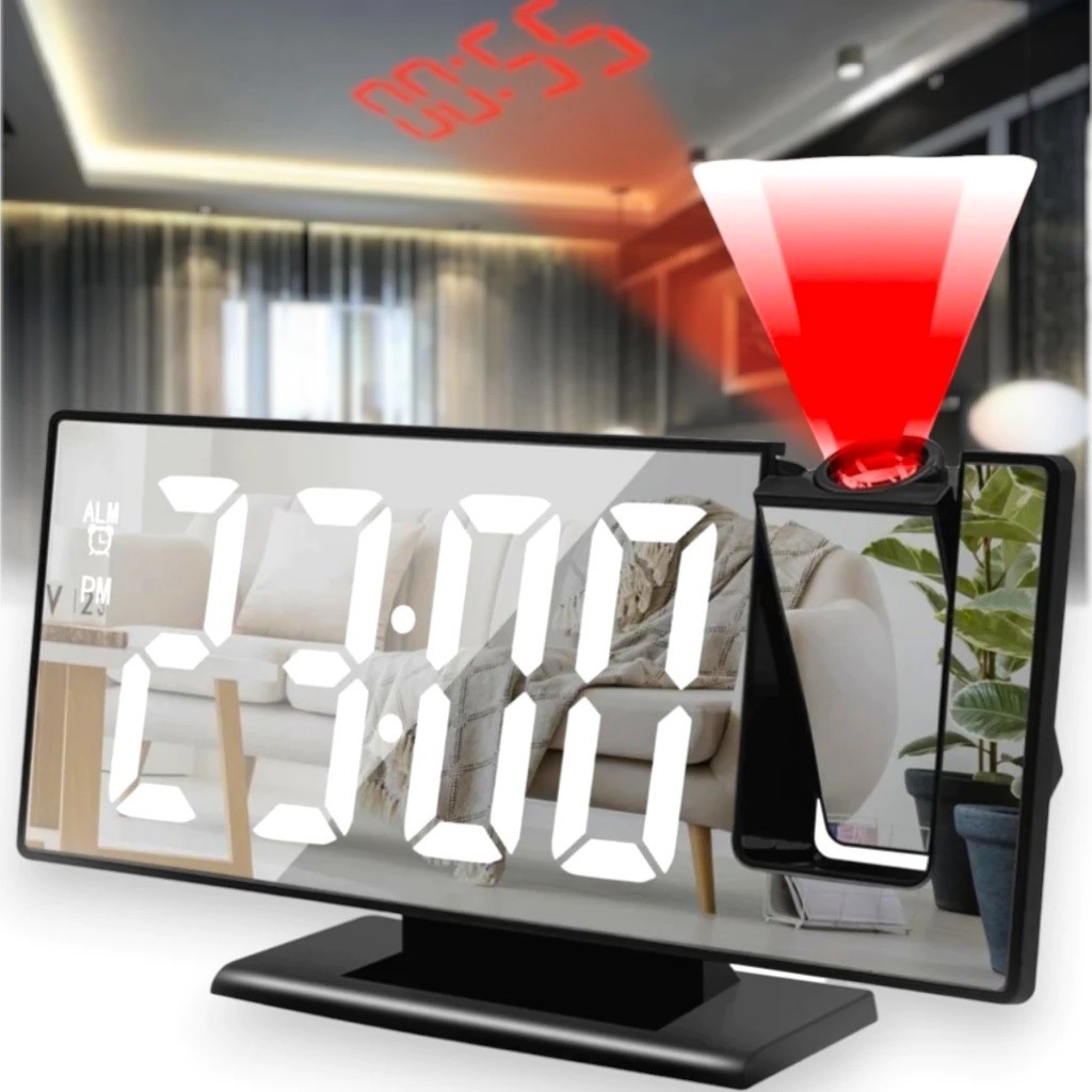 Relógio De Mesa Com Projetor 19,5x9x5Cm Espelhado Com Despertador Temperatura Alarme USB Preto