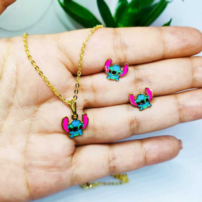 Kit Conjunto Infantil Brinco e Colar Stitch Folhea