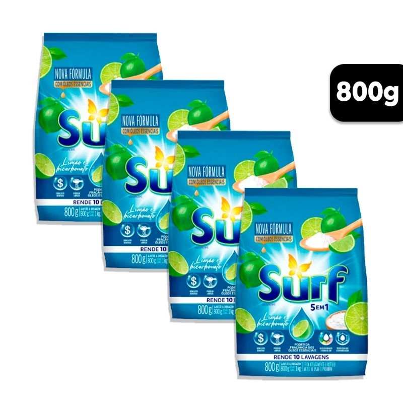 Sabão em Pó, Lava Roupas Surf Bicabornato e Limão 800g kit com 4 unidades de 800g