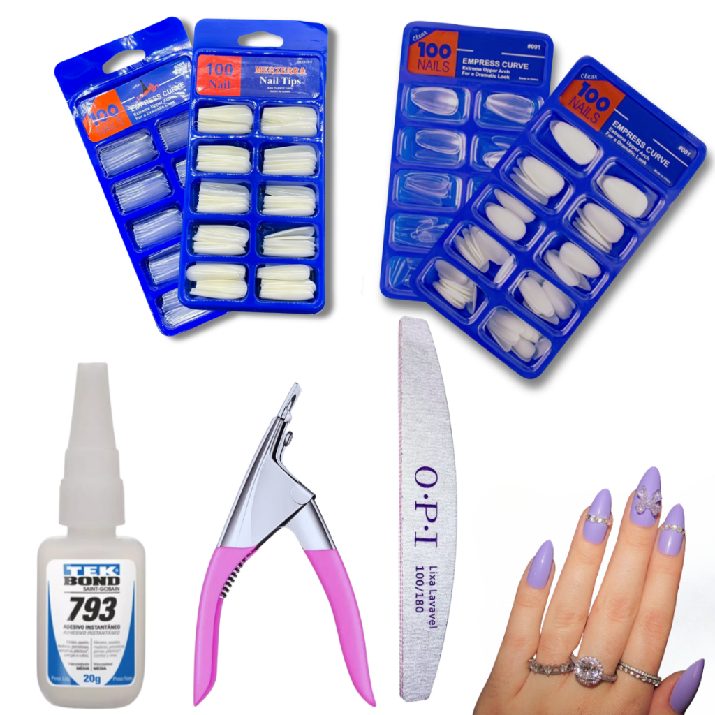 Kit Completo Alongamento de Unha – Unha Postiça + Alicate + Tekbond + Lixa
