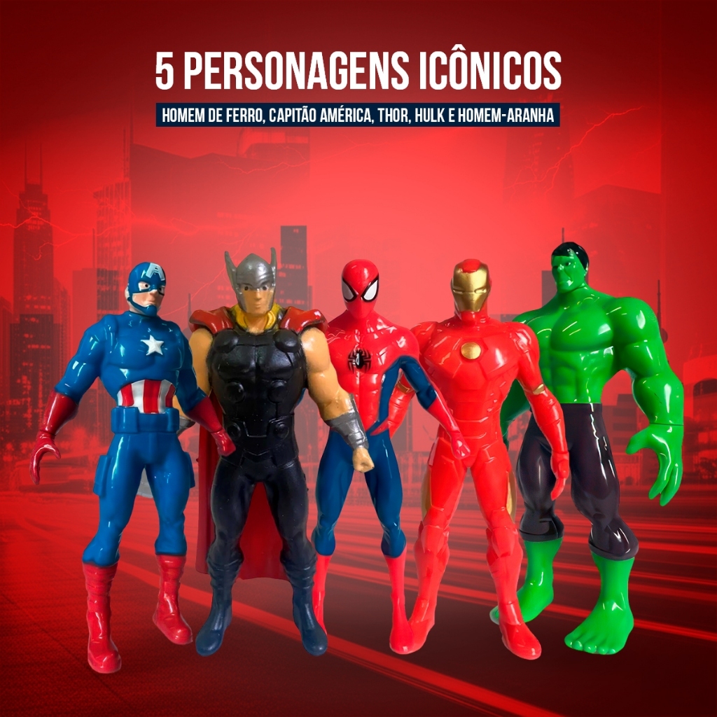 Kit 5 Bonecos Colecionáveis Marvel Vingadores Homem Aranha Hulk Homem De Ferro Capitão América/Pant