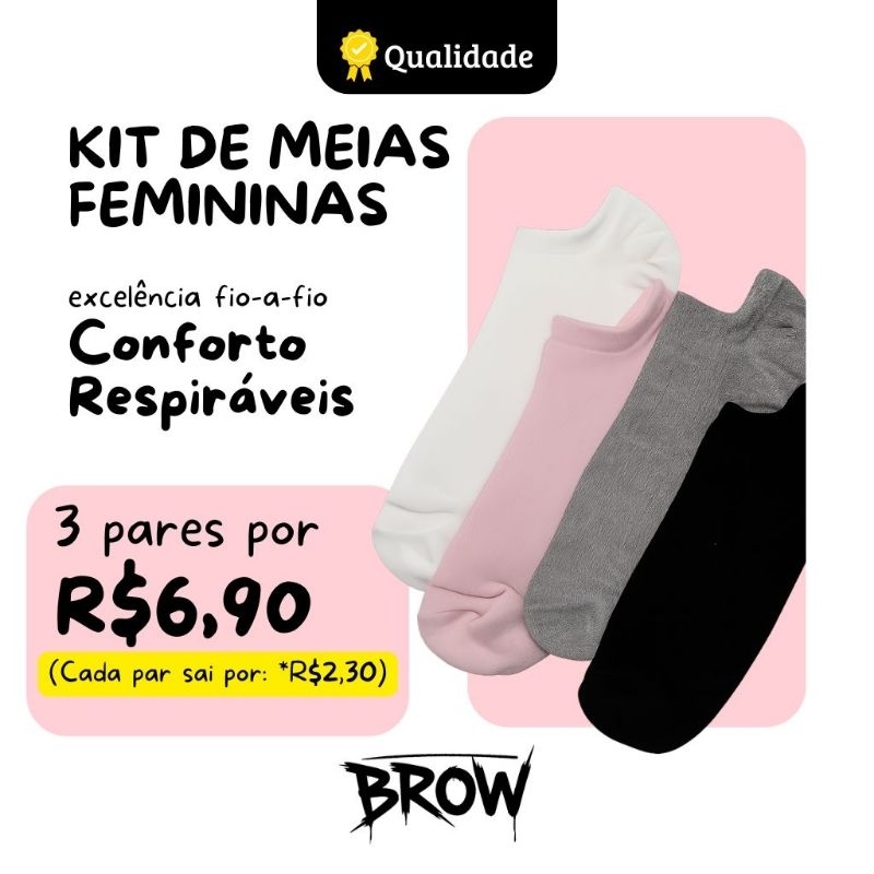 Meia de Algodão Cano Curto Invisível Sapatilha Feminina ou Infantil Kit 3 ou 12 Pares