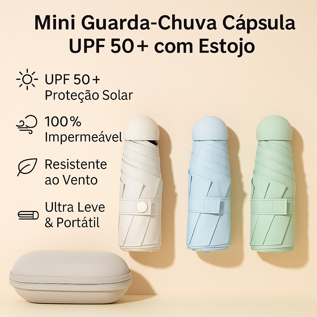 Mini Guarda-Chuva Portátil Dobravel UPF50+ Cápsula Ultra Leve com Estojo  Proteção UV