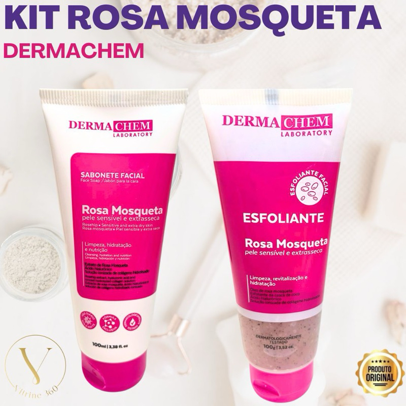 Kit Rosa Mosqueta Dermachem Sabonete Facial + Esfoliante 100g Limpeza Pele