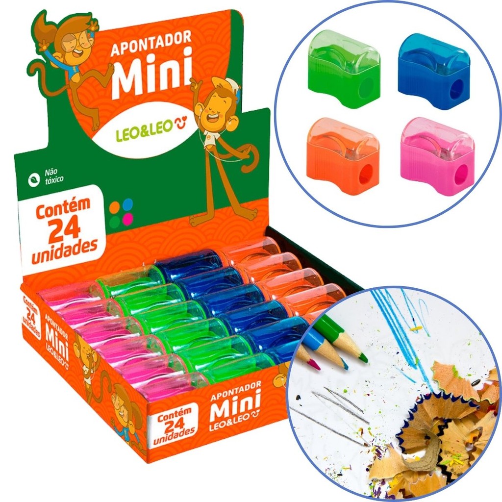 Kit 24 Apontador C/ Deposito Mini Cestinha Escolar Atacado Revenda Volta as Aulas Leo E Leo