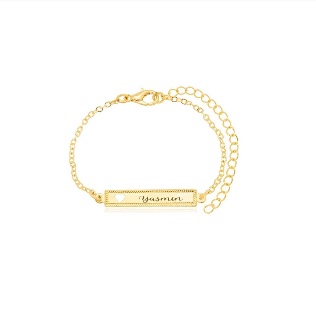 [ SEMI JOIA ] Pulseira Infantil Placa Personalizado Nome Data Personalizado Banhado Ouro 18k