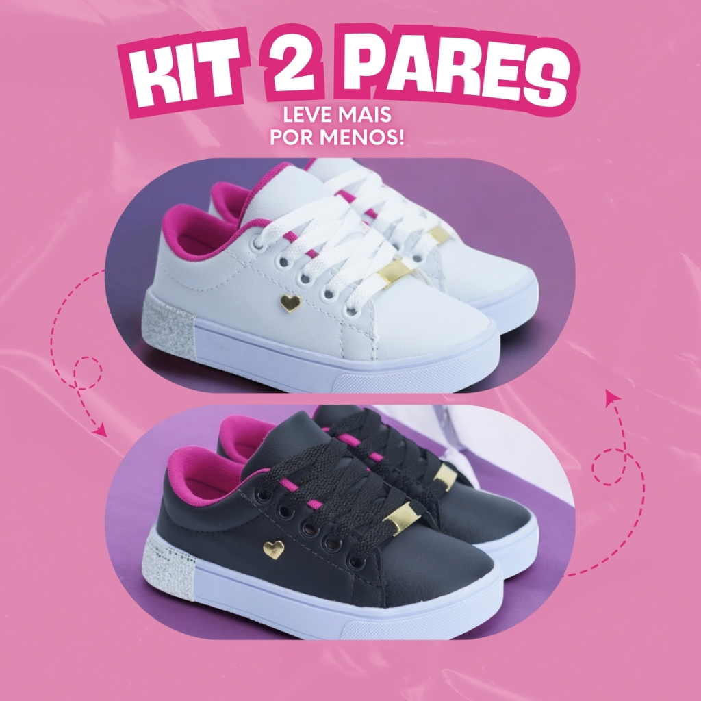 Kit 2 Pares Tênis Infantil Feminino Confortável Escolar Leve Macio 25 ao 36 – Envio Imediato