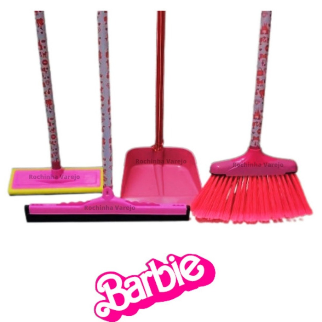 Vassoura Rosa com Cabo Rosa, Rodo Rosa 40cm com Cabo, Lava Azulejo com Cabo Rosa e Pá de Lixo Rosa c