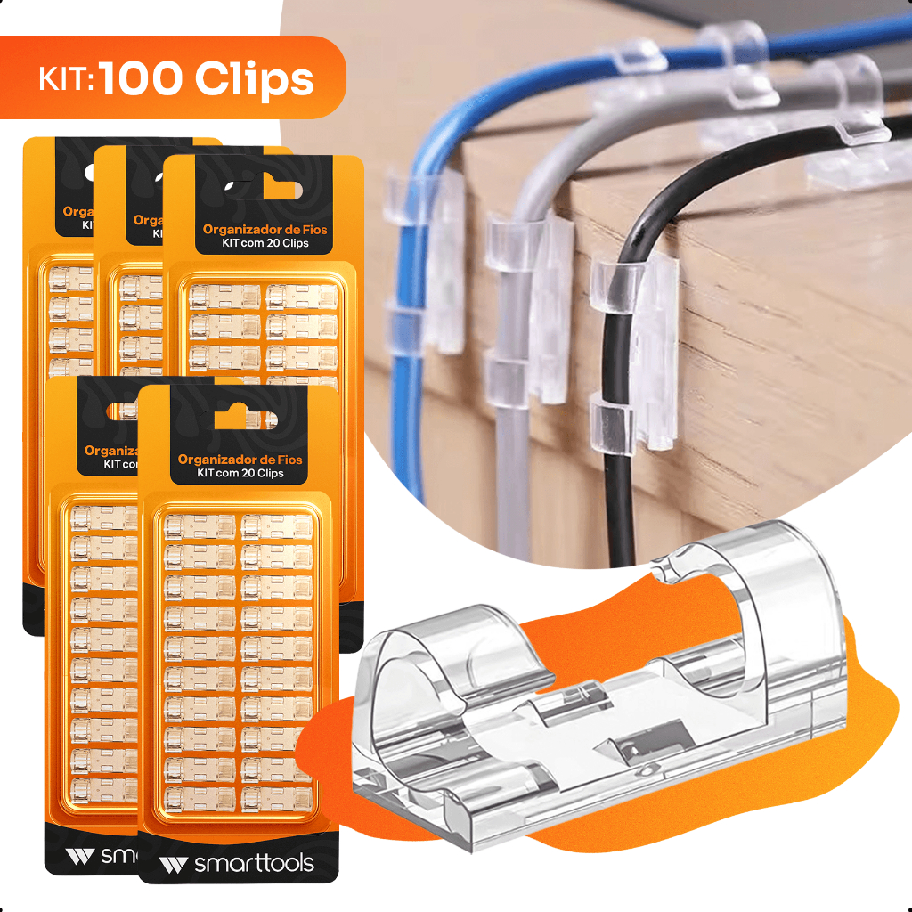KIT 20 40 60 80 ou 100 Clips Fixador Organizador de Fios e Cabos Autoadesivo Esconde Mesas Paredes