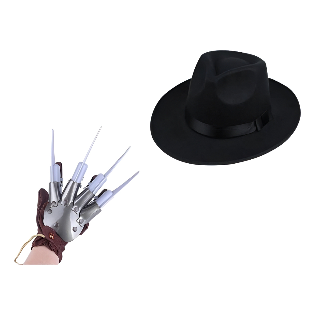 Kit Fantasia Freddy Krueger Luva E Chapéu Halloween Cosplay – Fantasia Completa