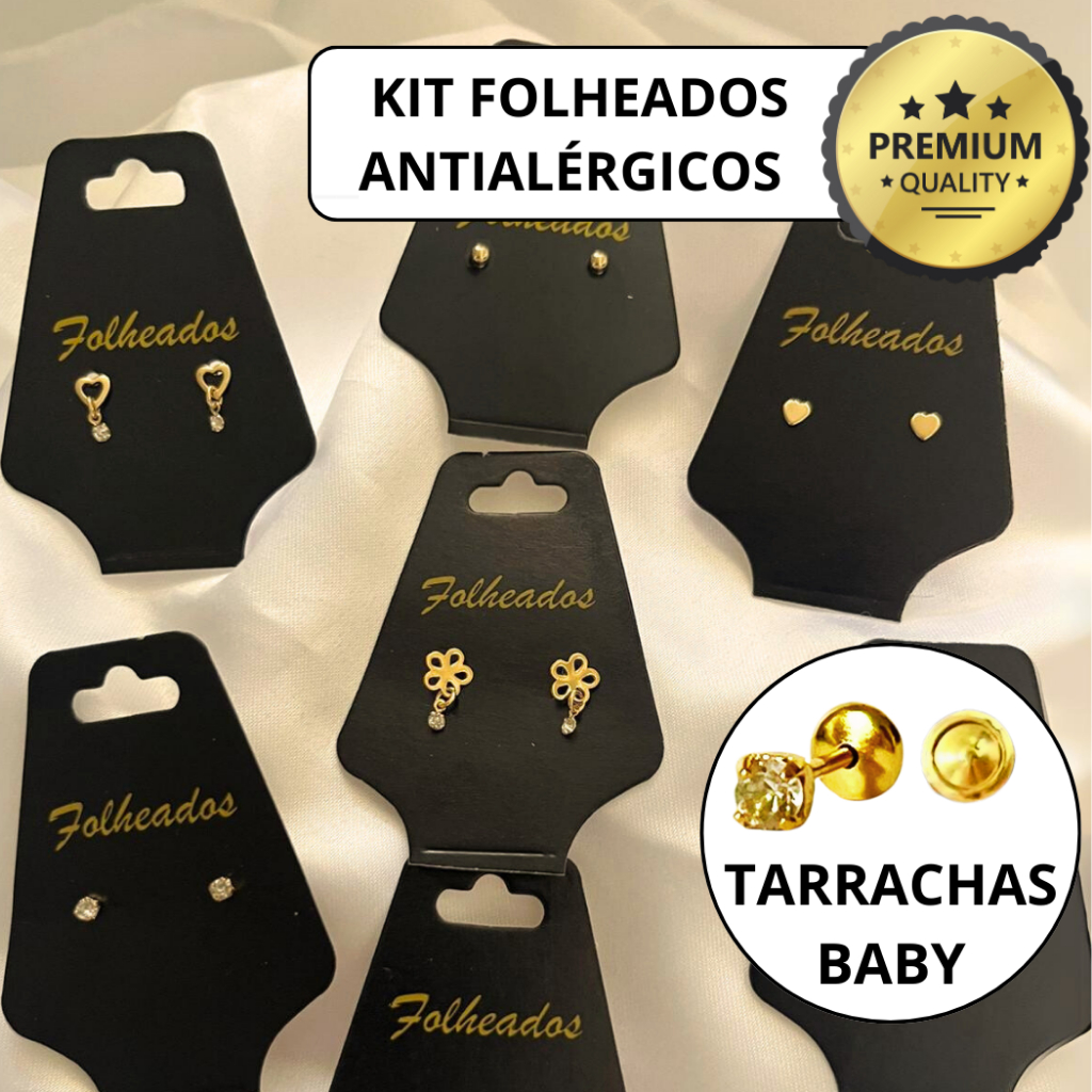 Kit 5 Pares Brincos Infantil Tarraxa Baby Folheados a ouro Antialergico Sortidos Tarracha Criança Ga