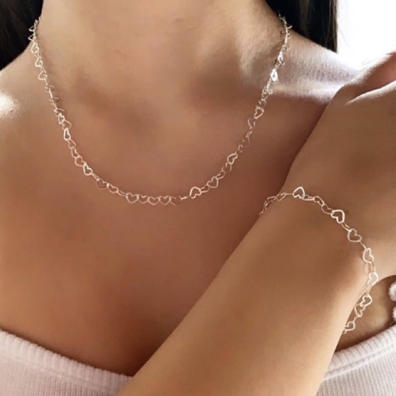 Conjunto Colar E Pulseira a Prata 925/Banhada Ouro 18k Corrente Feminina Coração