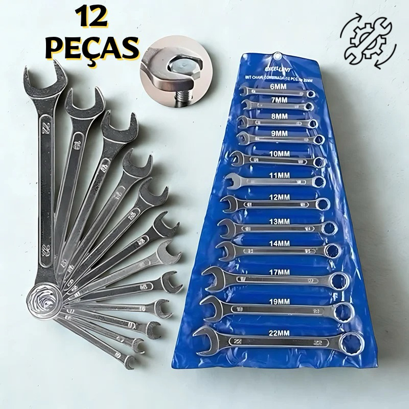Jogo Kit Ferramentas Chaves Combinadas 6 a 22 mm Boca e Estrela com 6 – 10 – 12 Peças 1WT Excellent