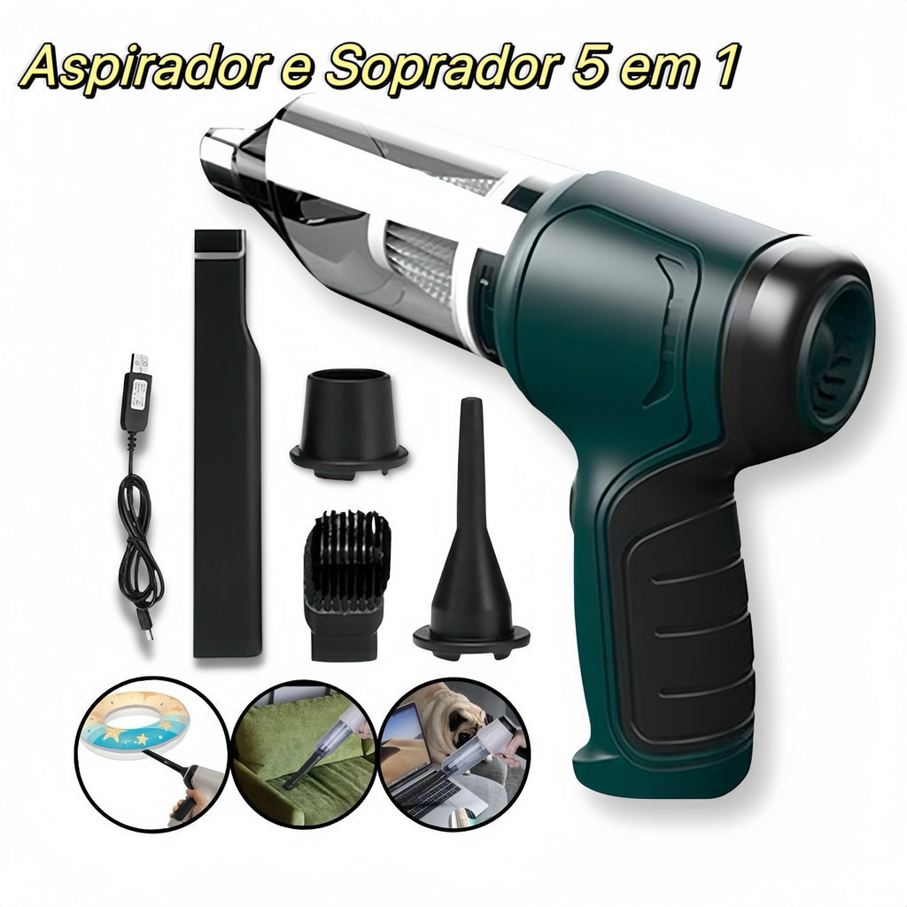 Aspirador e Soprador Portátil 5 em 1 – Alta Potência e Multifuncional para Limpeza Completa yobel