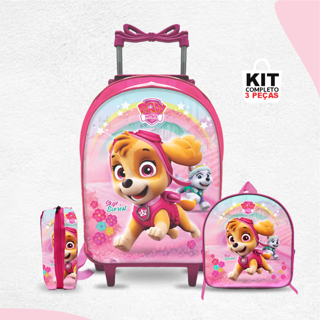 Kit Mochila escolar Patrulha Skye com Lancheira e Estojo – Rodinha – Menina – Feminino