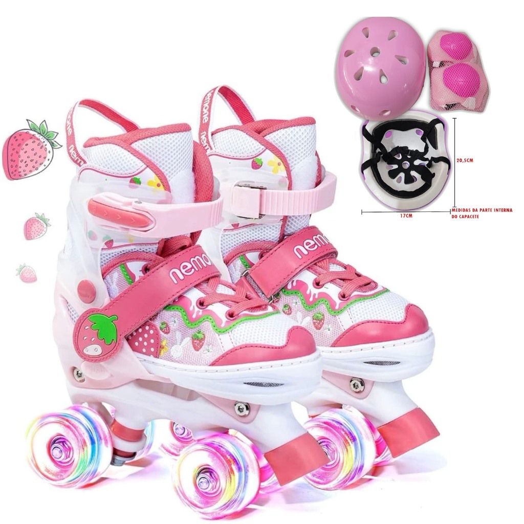 Patins 4 Rodas Infantil Morango Menina Com Luz De Led + Kit Proteção Semi Professional Promoção