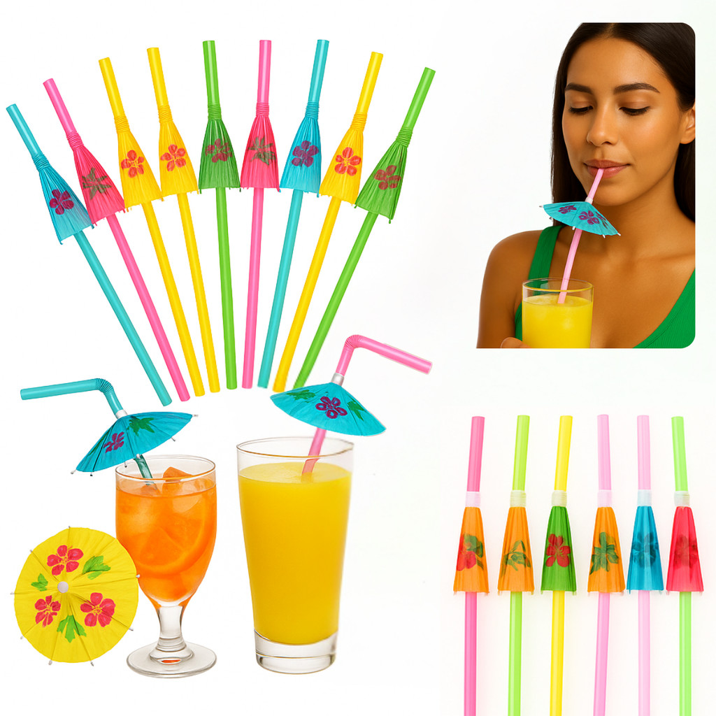Kit 40/200 Canudo Guarda-Chuva Descartável para Drink Festa Coquetel Decorativo