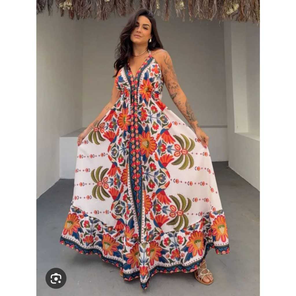 Vestido Indiano Feminino ESTAMPADO MODELO INDIANO COSTA NUA FRENTE UNICA