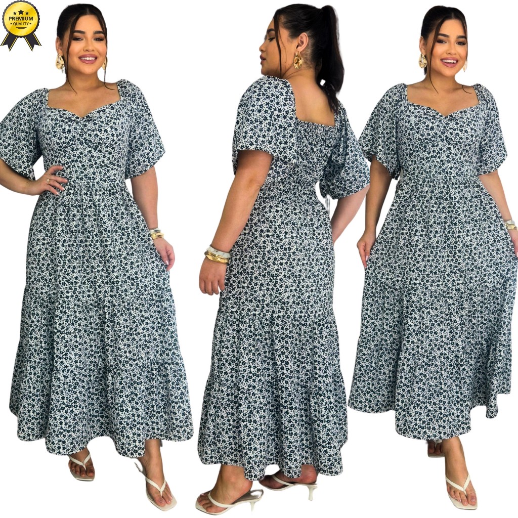 Vestido Longo Plus Size Feminino com Bojo, Manga Fit Flare e Lastex nas Costas