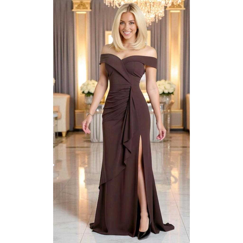 vestido longo de festa ombro a ombro com fenda drapeado elegante rose fucsia marsala marrom + cores