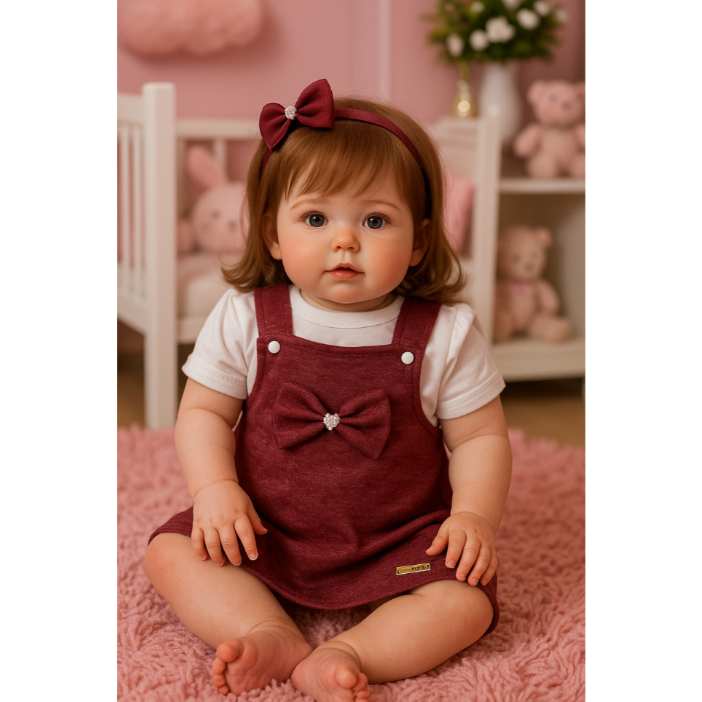 Jardineira Bebê Menina com Camiseta Básica Lisa Roupa Bebê Menina 3 á 6 Meses Laço na Frente