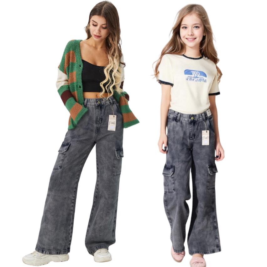 Calça Jeans Infantil Wide Leg Cargo Grafite Juvenil 4 ao 16  ALTO PADRÃO LINHA PREMIUM