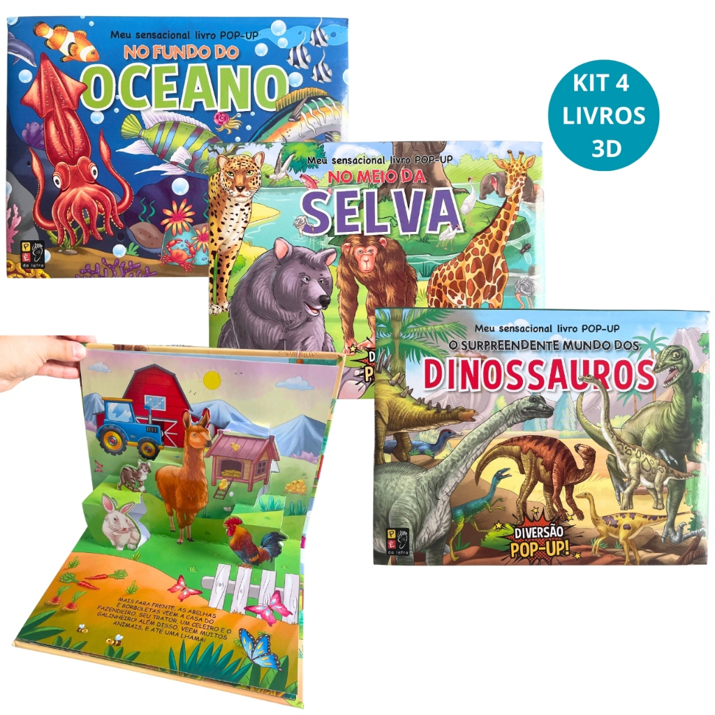 Livro Infantil 3D Interativo Livro Pop Up Animais Coleção Livrinho Sensorial Dinossauros Livro