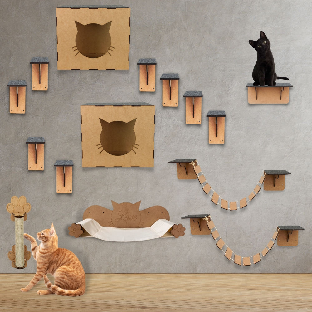 Kit Playground para Gatos Parede Diversão Gatinho Pet Mdf 4mm Degraus Ponte Nicho Cama Descanso