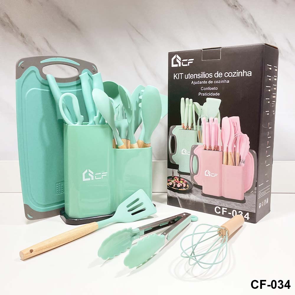 Kit 12/19 Peças Jogo de Utensílios Para Cozinha em Silicone Com Cabo de Madeira Completo