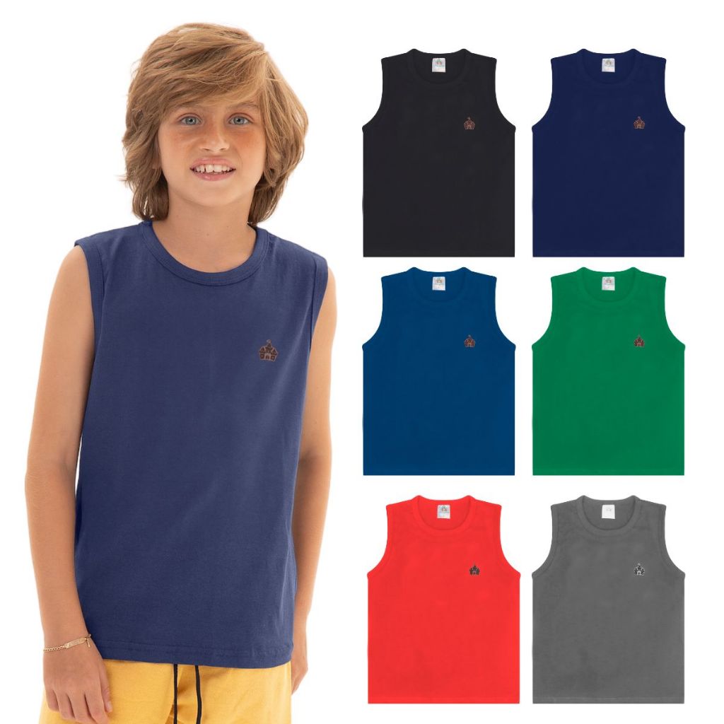 Kit Sortido 5 Regatas Infantil Menino Básica Lisa Tamanho 2 ao 12 Roupa Infantil Bebê Menino Verão M
