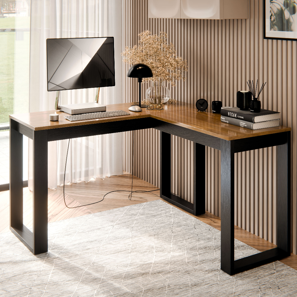 Escrivaninha de Canto Berlim em L MDF MDP Preto Cinamomo Mesa Home Office Escritório Moderna