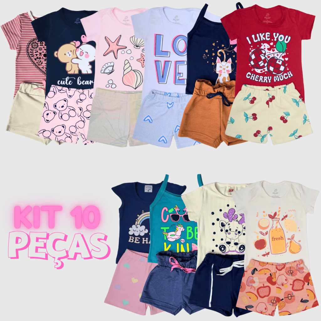 Kit de 4 a 10 Peças de Roupas Conjunto Verão Menina Calor Infantil Estampado Diversos 1 a 8 anos