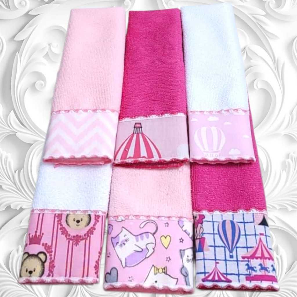 Kit Toalha Ombro e Boca Babete 06 Unidades Overlocado e Tecido Com Estampas Variadas Toalhas Colorid
