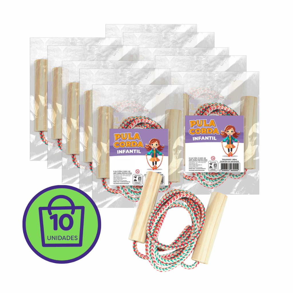 Kit 10 Pula Corda Infantil 1,8m Cabo de Madeira prenda