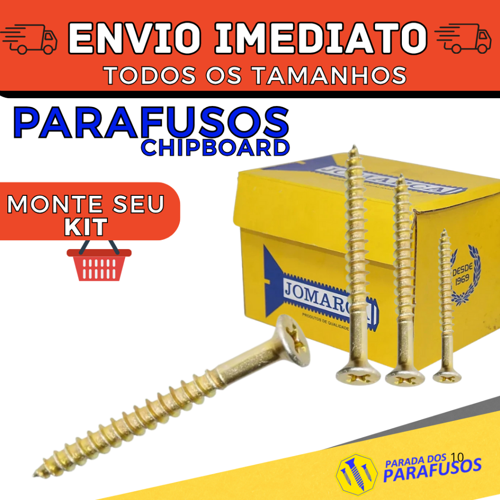 Parafuso Chipboard para MDF e Madeira Kit com 100 Unidades Diversas Medidas Phillips