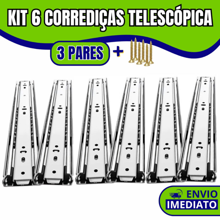 Kit 6 Corrediças Gaveta Trilho Telescópica COM P