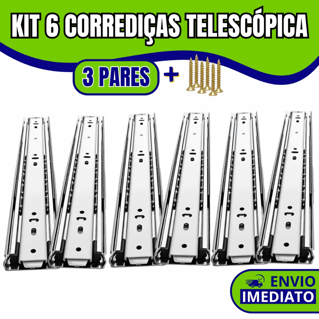 Kit 6 Corrediças Gaveta Trilho Telescópica COM Parafusos | 25cm – 30cm – 35cm – 40cm – 45cm