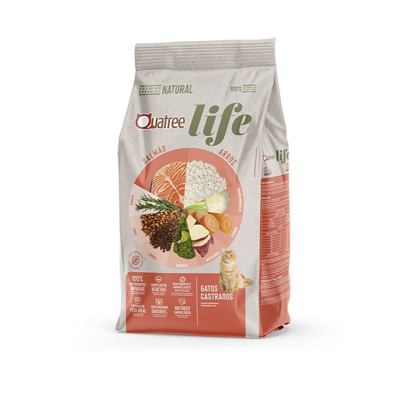 Ração Quatree Life para Gatos Castrados sabor Salmão e Arroz 10.1 Kg