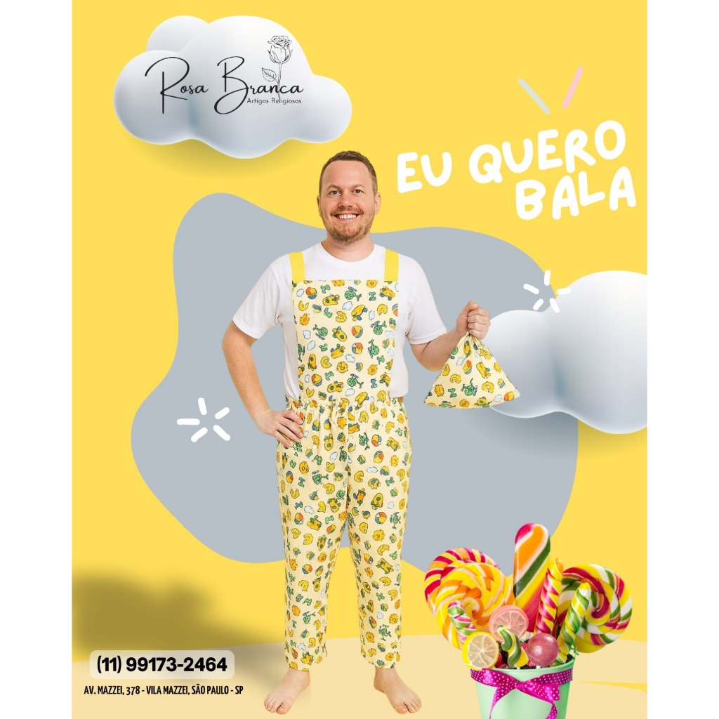 Roupa Macacão de Erê Ibeji Masculina com Saco para Guardar Doces Umbanda e Candomblé