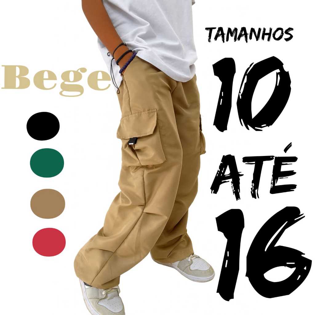 calça juvenil infantil menino masculina 4 bolsos tactel 6 8 10 12 14 16 anos escola passeio cargo