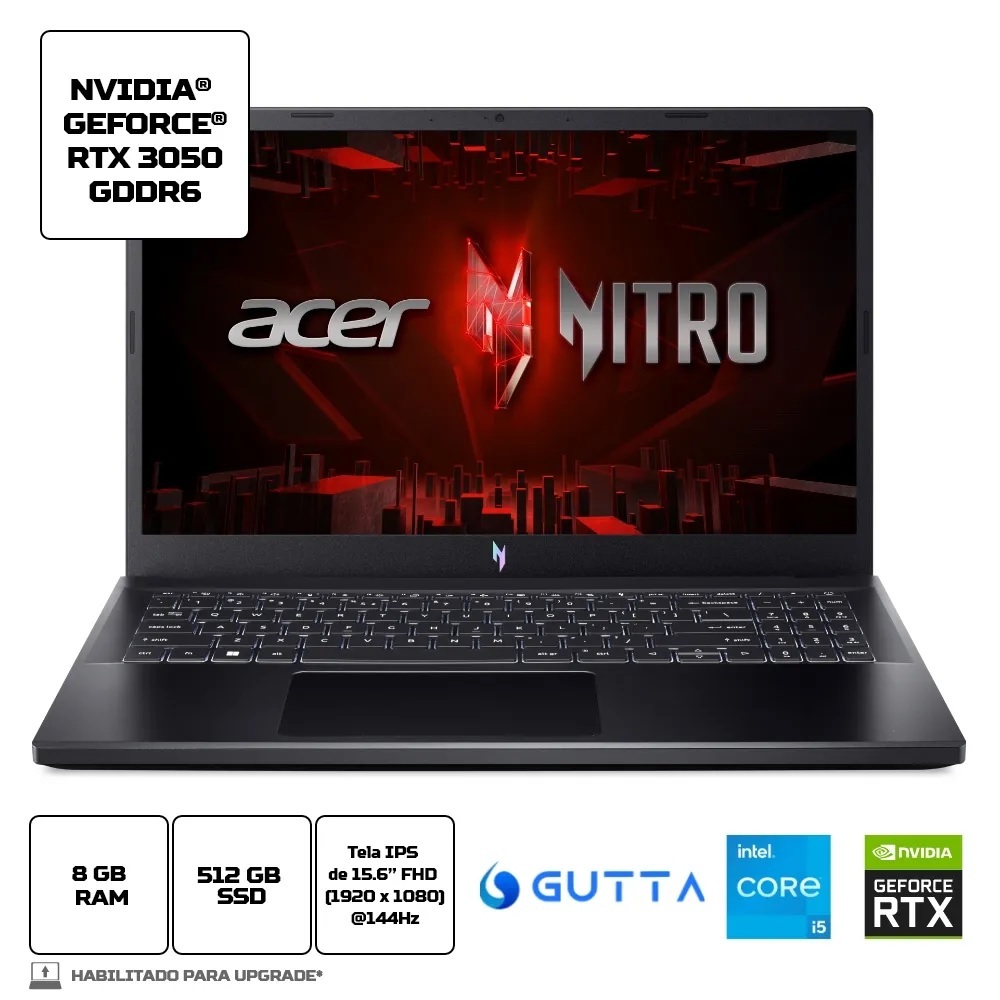 Notebook Gamer Acer Nitro V ANV15-51-57WS Ci5 13420H 15.6 RTX3050 512GB 8GB Linux + Ubook – Kit 20 L