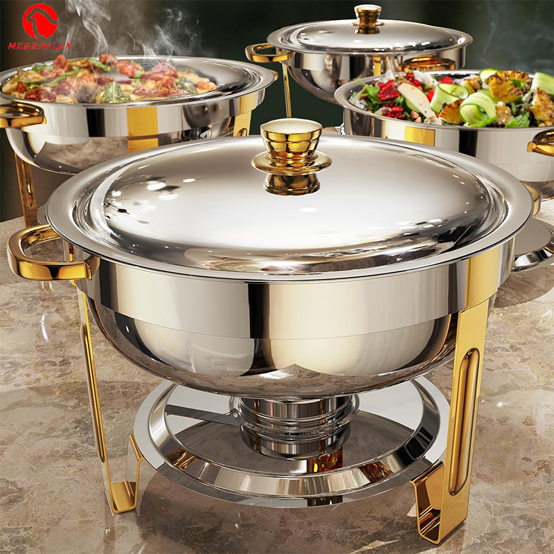 Rechaud Buffet Redondo Dourado Aço Inox com Tampa Inox Quente e Frio Premium para Festas Eventos Cat