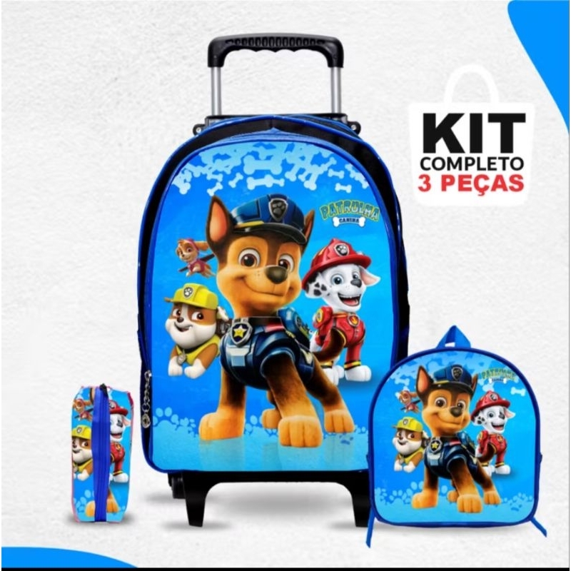 Kit Mochila Escolar Patrulha Canina com Lancheira e Estojo – Rodinhas – Menino – Masculino