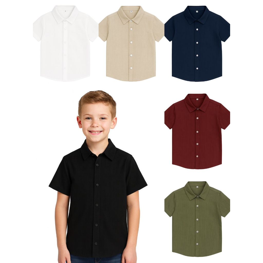 Camisa social menino infantil básica com botão manga curta viscolinho elegante verão casual
