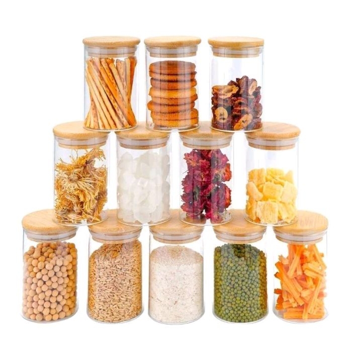 kit 6 Potes de Vidro Hermético com Tampa de Bambu