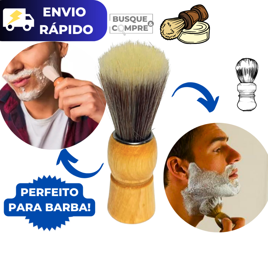 Pincel de Barbear com Cabo de Madeira para Barba Barbeiro Barbearia com Fibras Sintéticas Macias