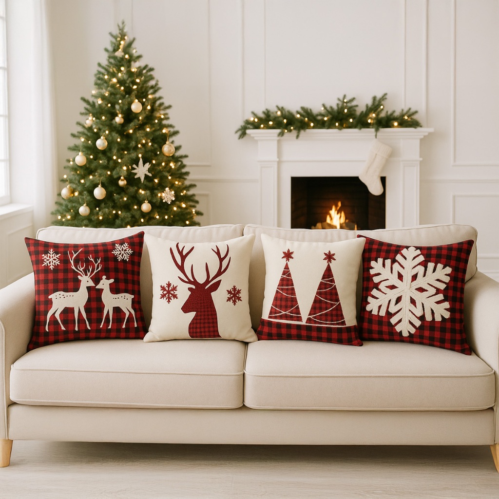Kit 4 Capas de Almofadas Decorativas 45x45cm de Natal Papai Noel Casa Sala Quarto e Decoração